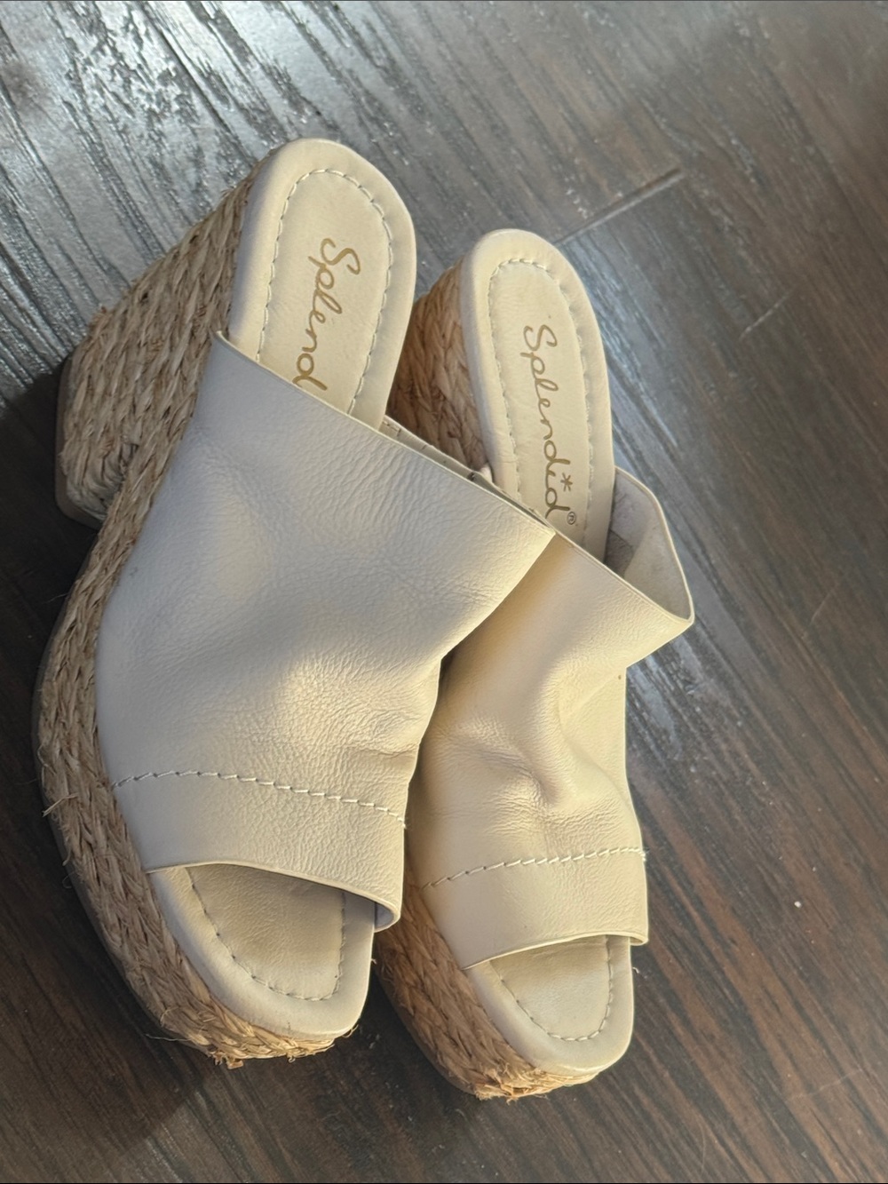 Splendid Cream Leather Espadrille Wedge Slides